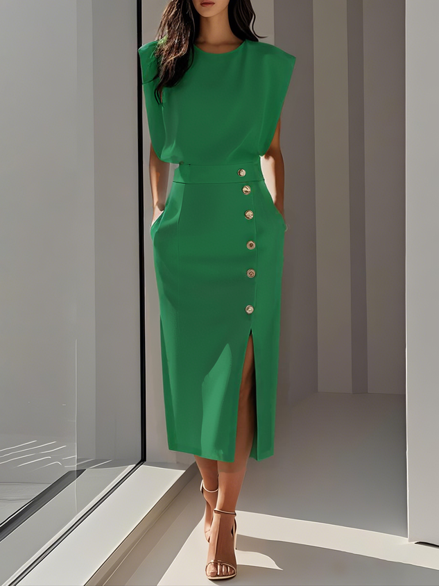 MODEGEIST Damen Midi-Kleid Entspannter Schnitt Knopfdetail Vielseitig
