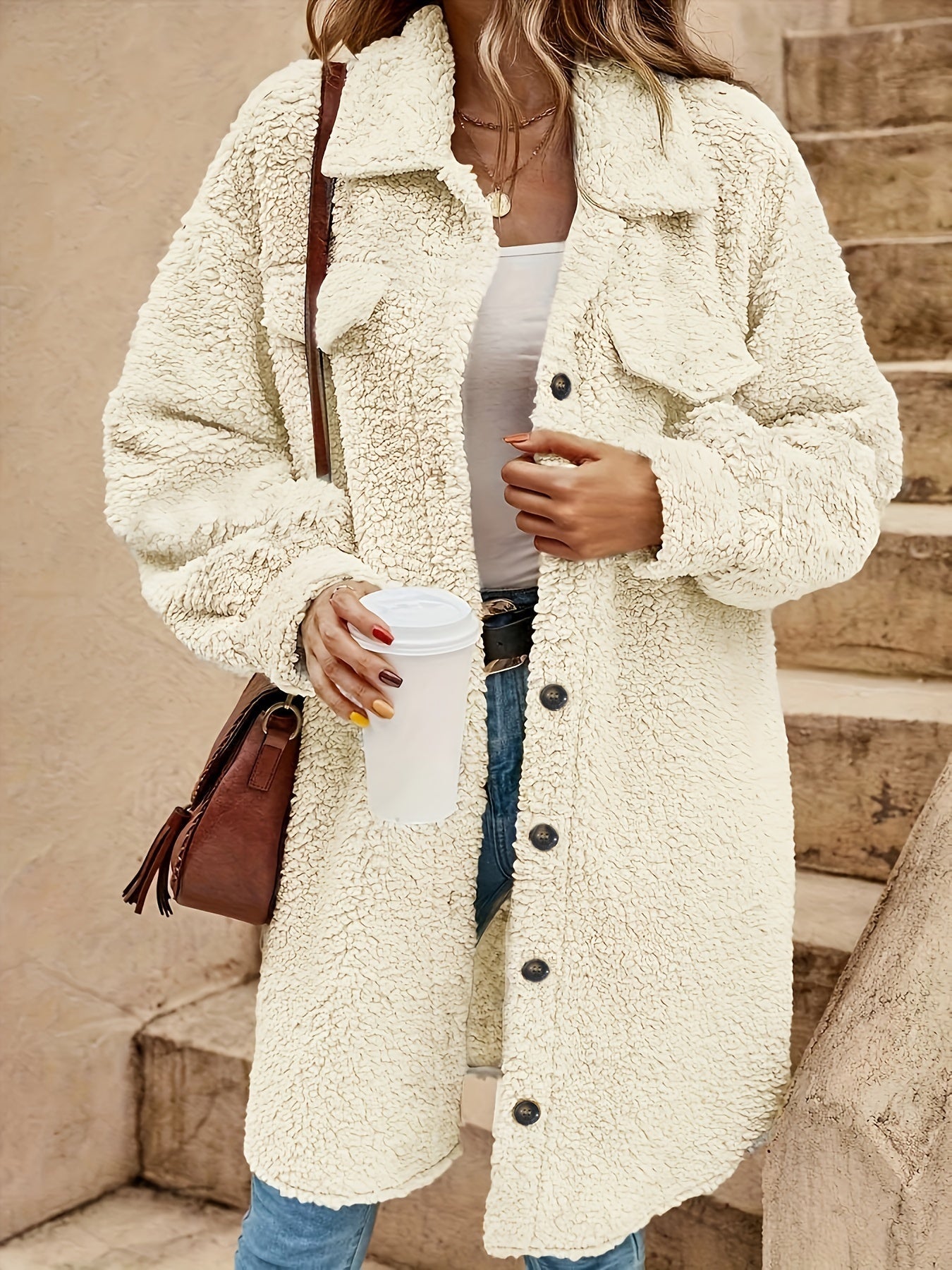 ModeGeist | Lange Jacke Im Sherpa-stil Polyester Warm und Stilvoll