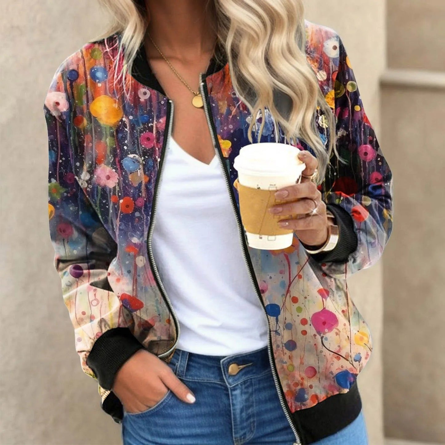 ModeGeist | Blumengemusterte Bomberjacke mit Federprint Polyester Elegant und Lässig