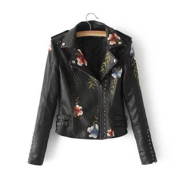 ModeGeist | Damen Blumen PU Lederjacke