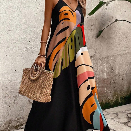 MODEGEIST Damen Maxi-Kleid Blätter-Print Fließend