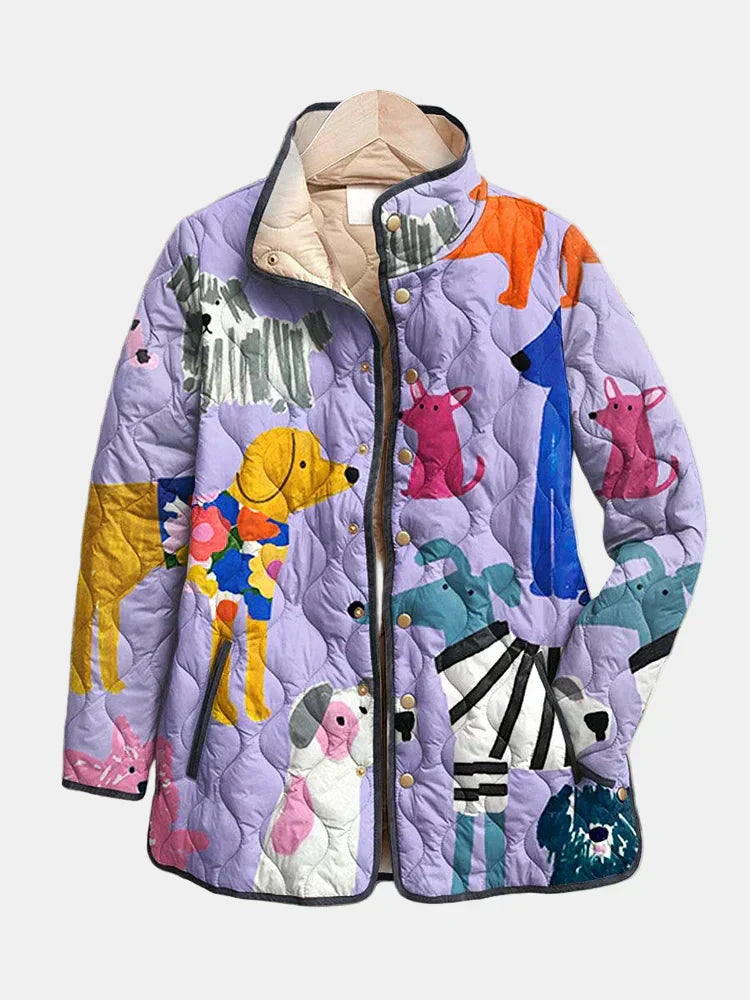 MODEGEIST Damen Gesteppte Jacke Hunde-Print Casual