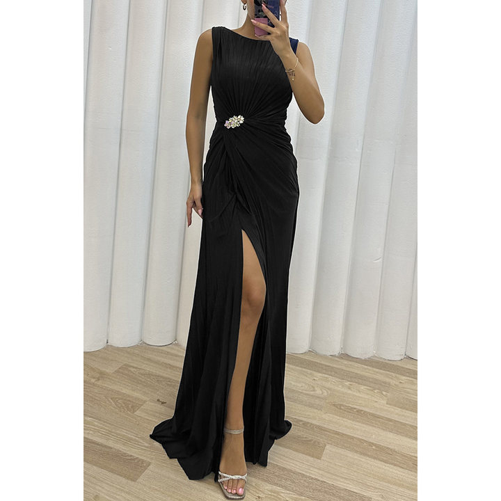 MODEGEIST Damen Plissee Maxikleid Abendkleid Elegant Bodenlang