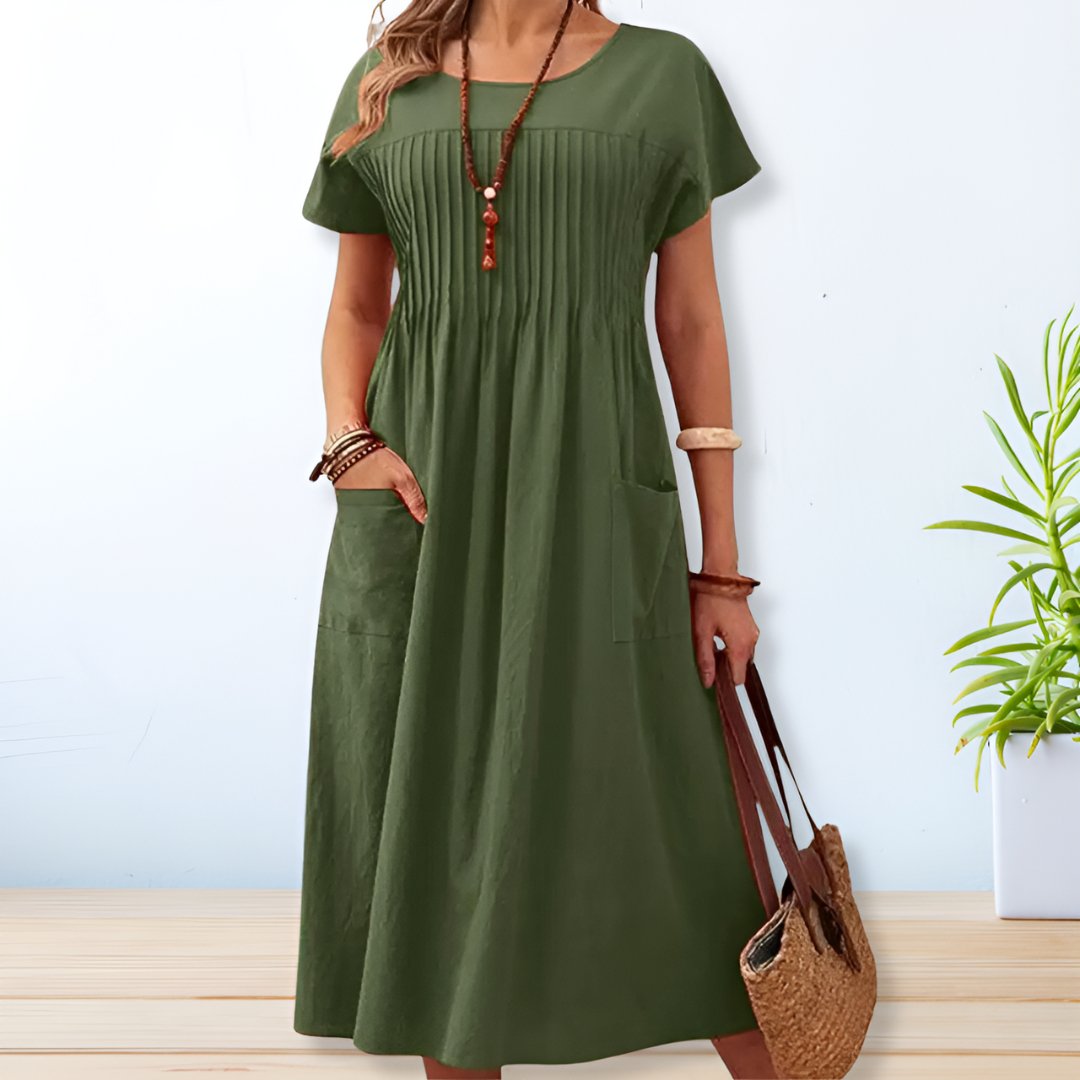 MODEGEIST Damen Midi-Kleid Relaxed-Fit Kurzarm Taschen