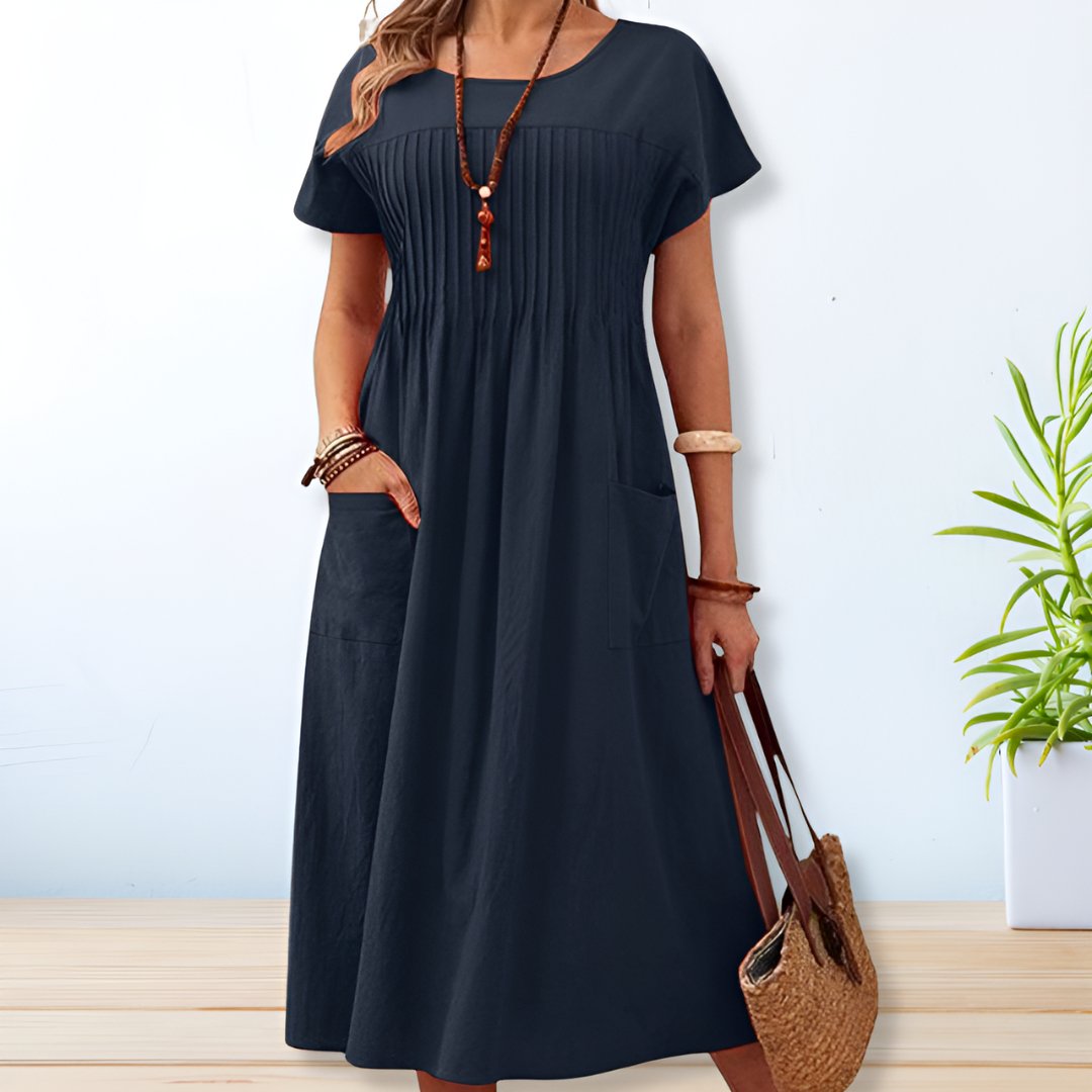 MODEGEIST Damen Midi-Kleid Relaxed-Fit Kurzarm Taschen Vielseitig