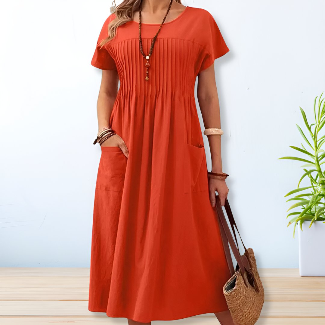 MODEGEIST Damen Midi-Kleid Relaxed-Fit Kurzarm Taschen Vielseitig