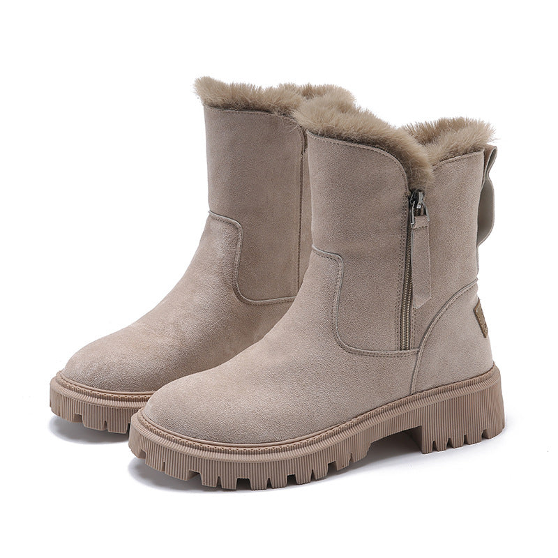 ModeGeist | Knöchelhohe Stiefel – Wildleder-Obermaterial – Kunstfell Gefüttert – Chunky Profilsohle – Seitenreißverschluss