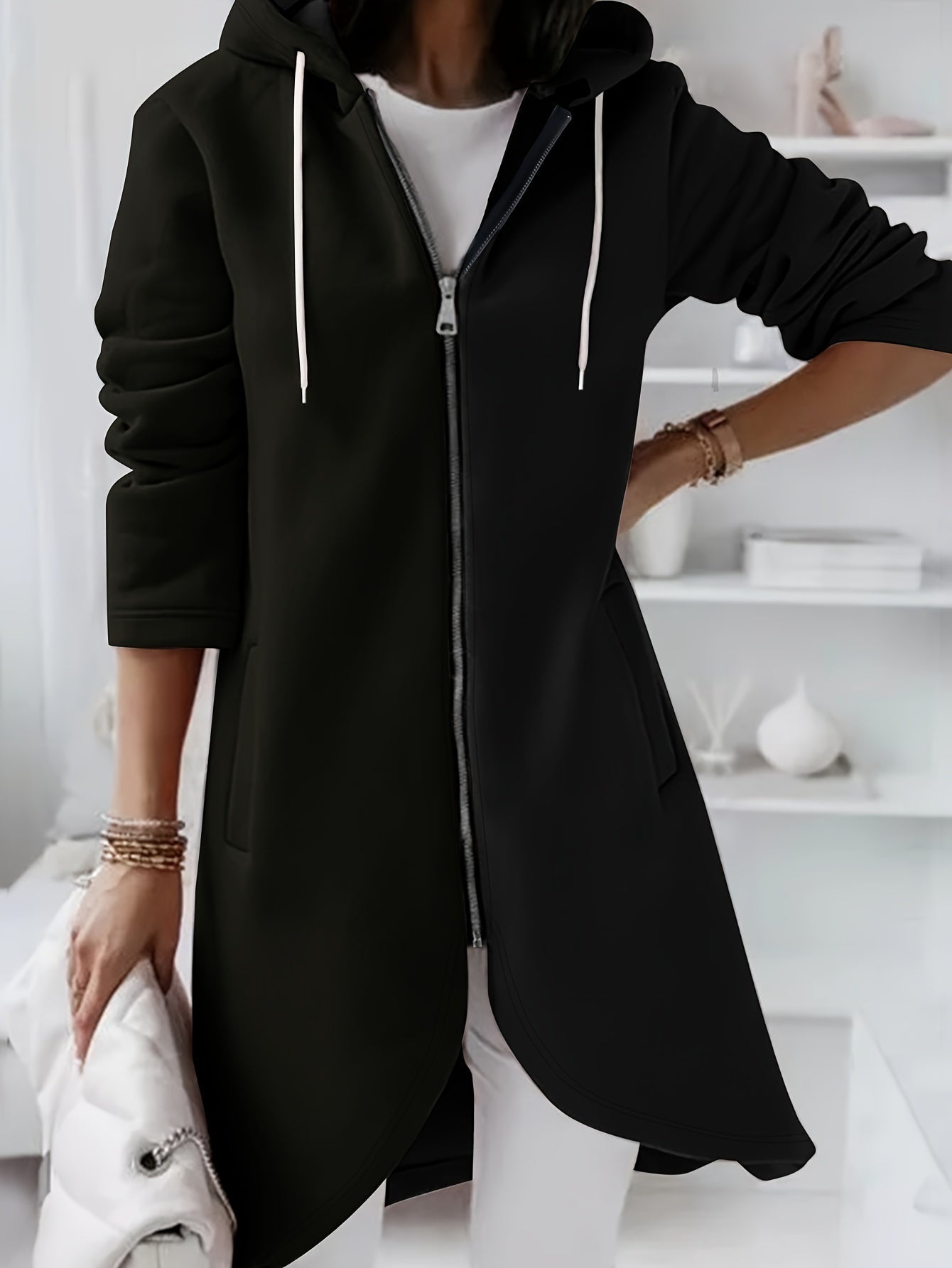 ModeGeist | Reißverschluss Kordelzug Midi Kapuzenjacke