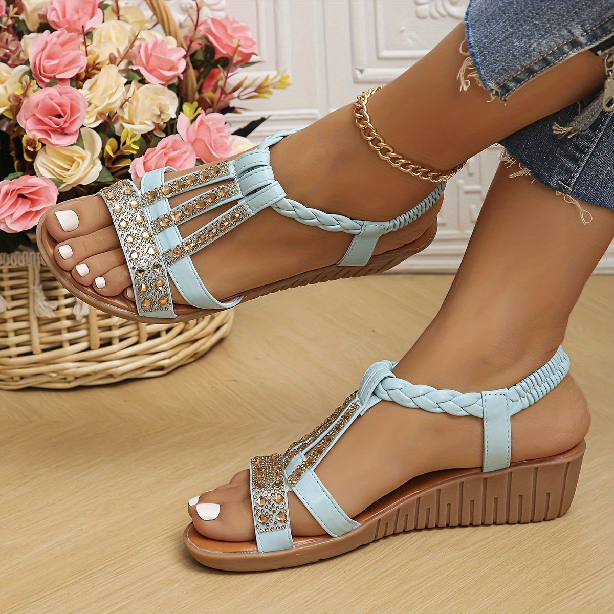 MODEGEIST Damen Sandalen Geflochten Strass Riemen Gold
