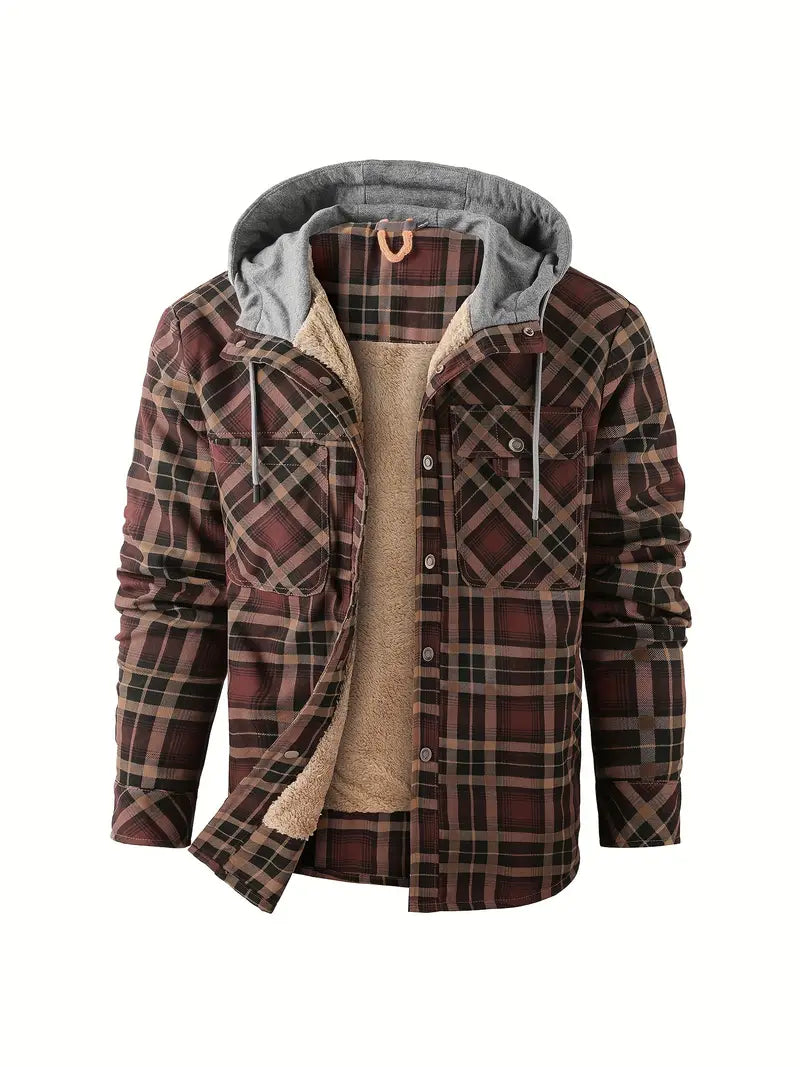 Retro-Karomuster Fleece Kapuzenmantel von Keymirae, warm für Herbst & Winter