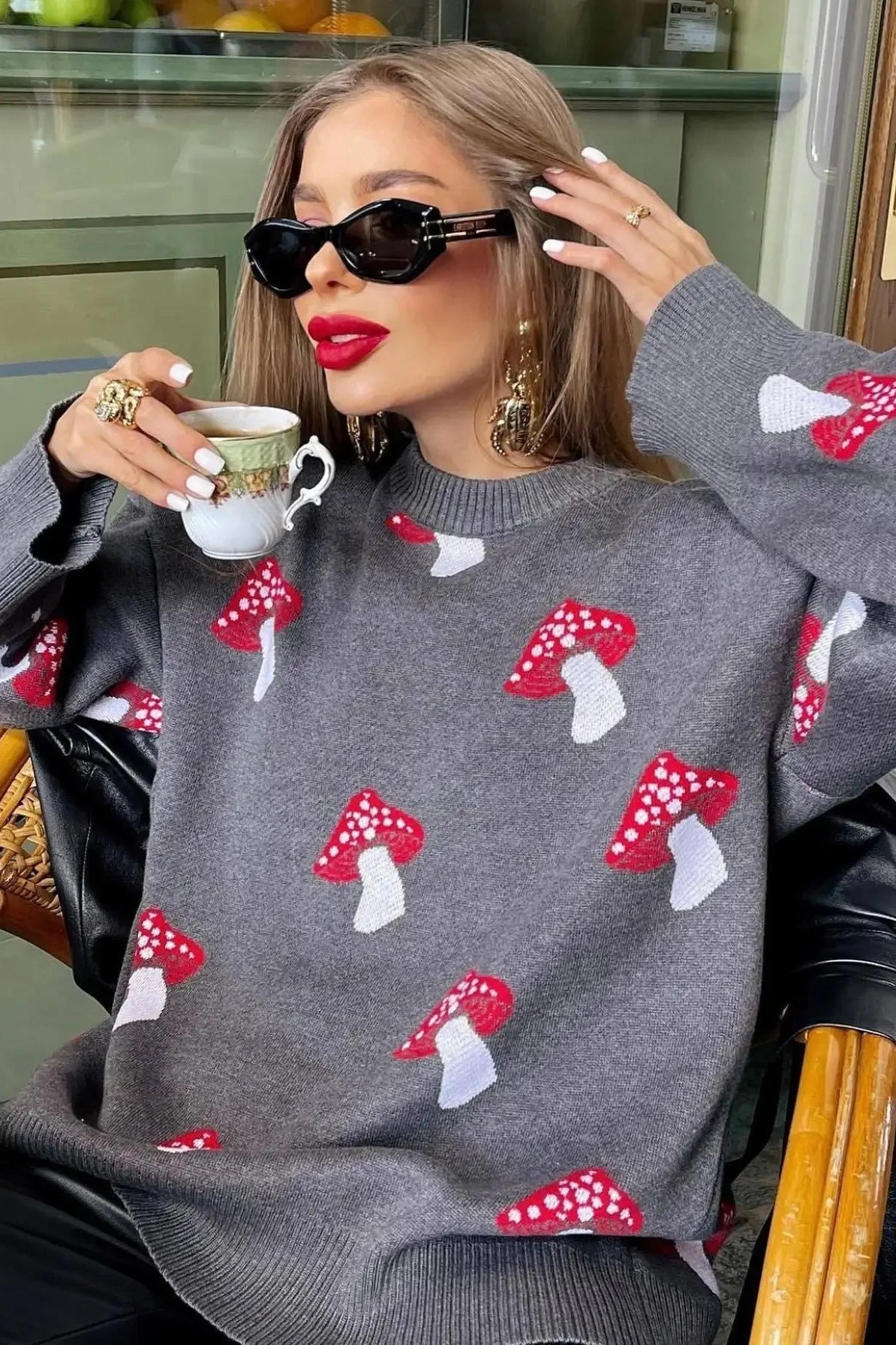 ModeGeist | Jacquard-Strickpullover mit Pilzmotiv