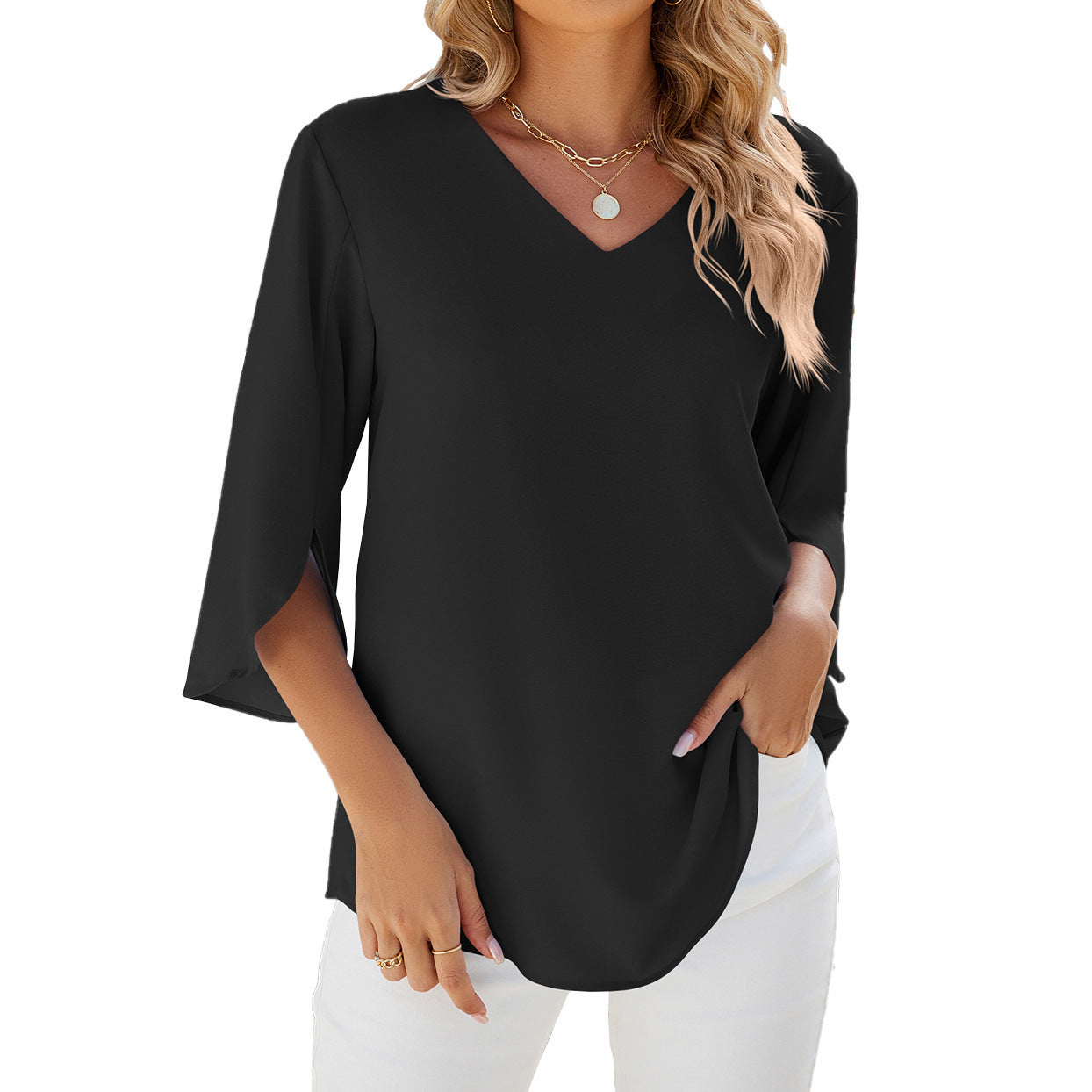 Leichte Damenchiffonbluse mit V-Ausschnitt von Fudus