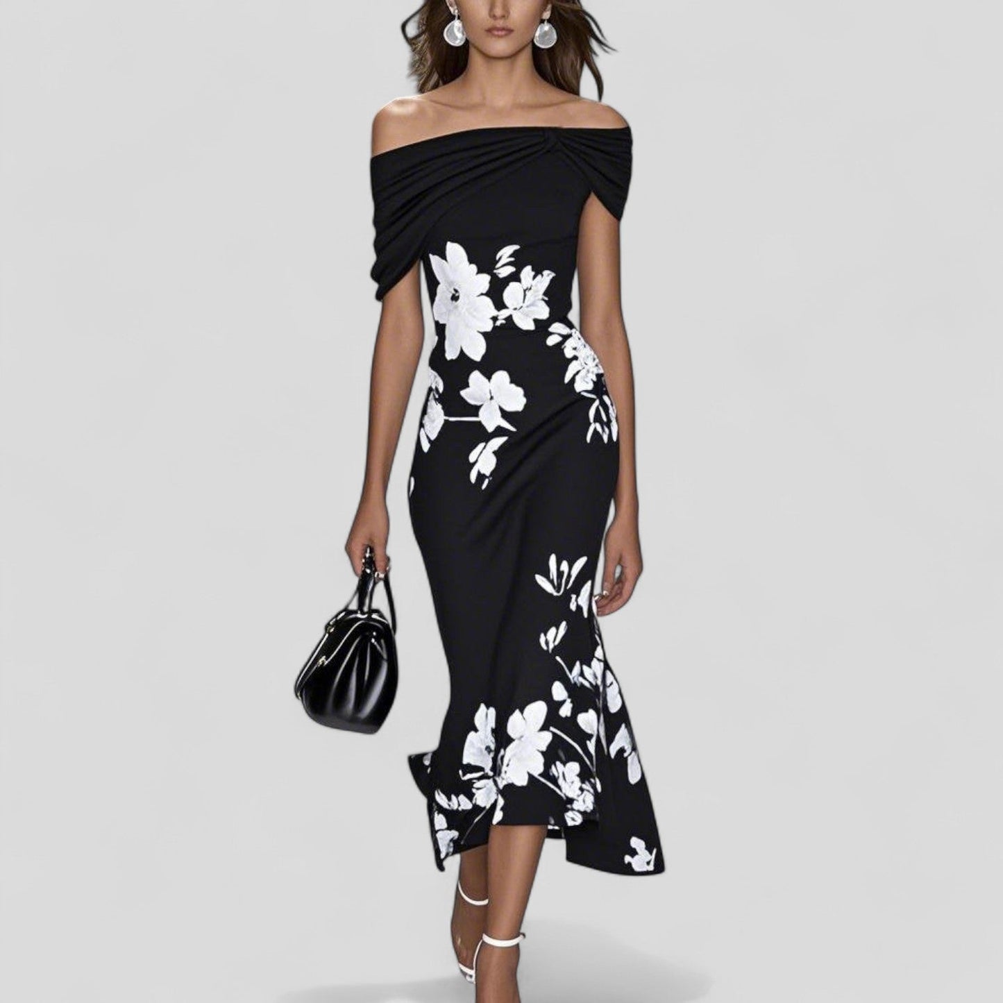 MODEGEIST Damen Off-Shoulder Midi-Kleid Blumenmuster Rüschensaum