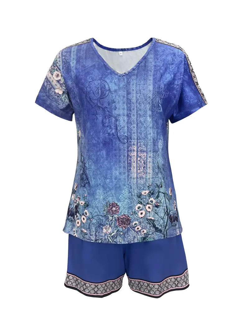 Fudus Bohemian Kurzarm Top mit V-Ausschnitt, Frühling/Sommer