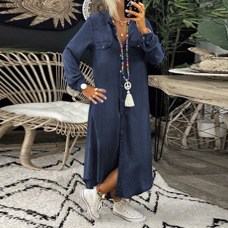 Fudus langer Denimrock mit Hemdkragen und Kurzarm
