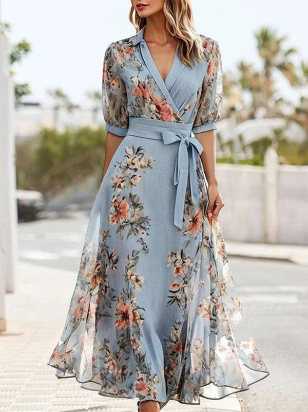 MODEGEIST Damen V-Ausschnitt Midi-Kleid Fließend Blau Sommer