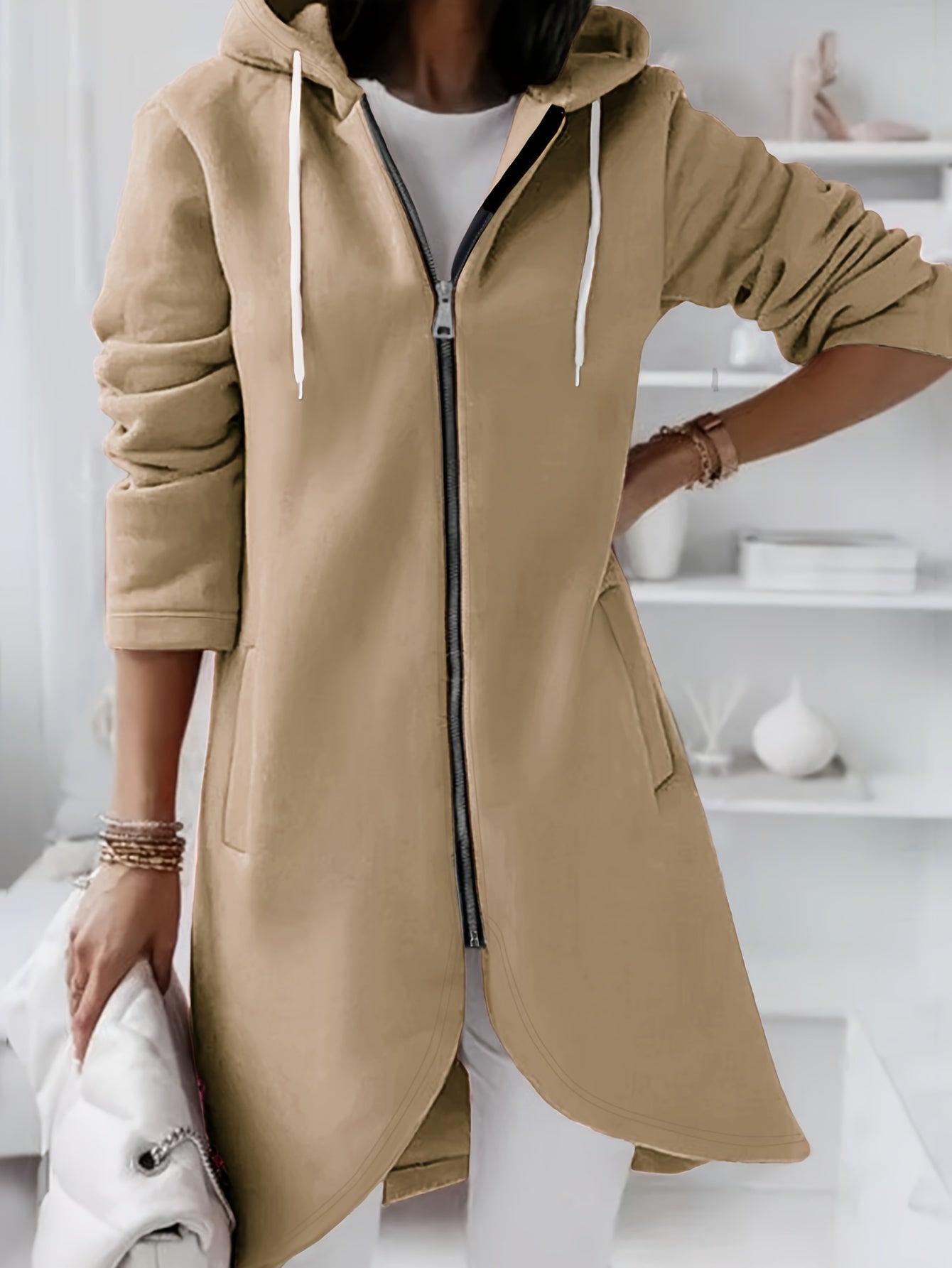 ModeGeist | Reißverschluss Kordelzug Midi Kapuzenjacke