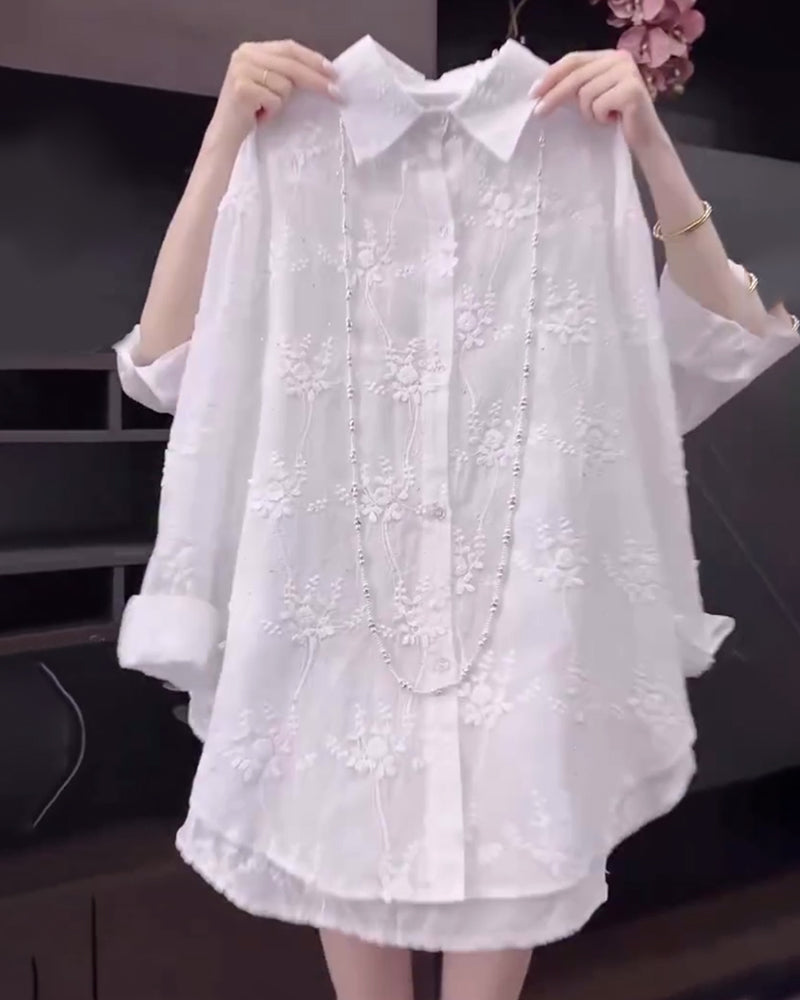 MODEGEIST Damen Blumen-Shirt Oversized Stickerei hellblau