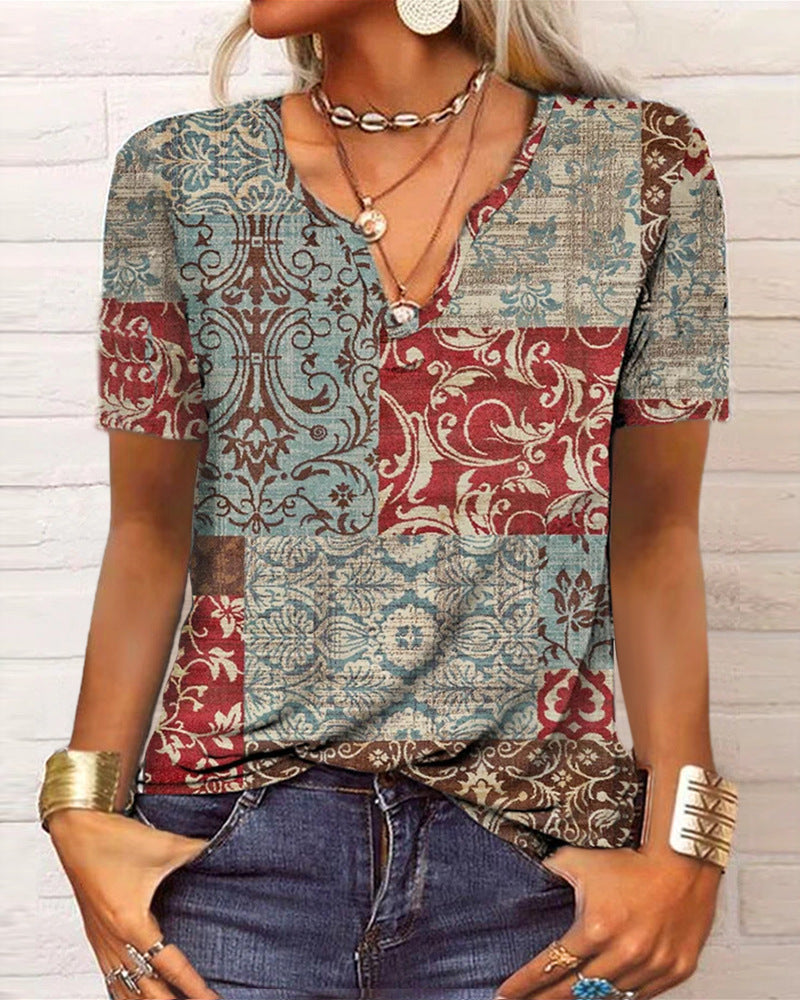 Damen Langarm T-Shirt mit Blumenmuster und V-Ausschnitt von Fudus Lockeres