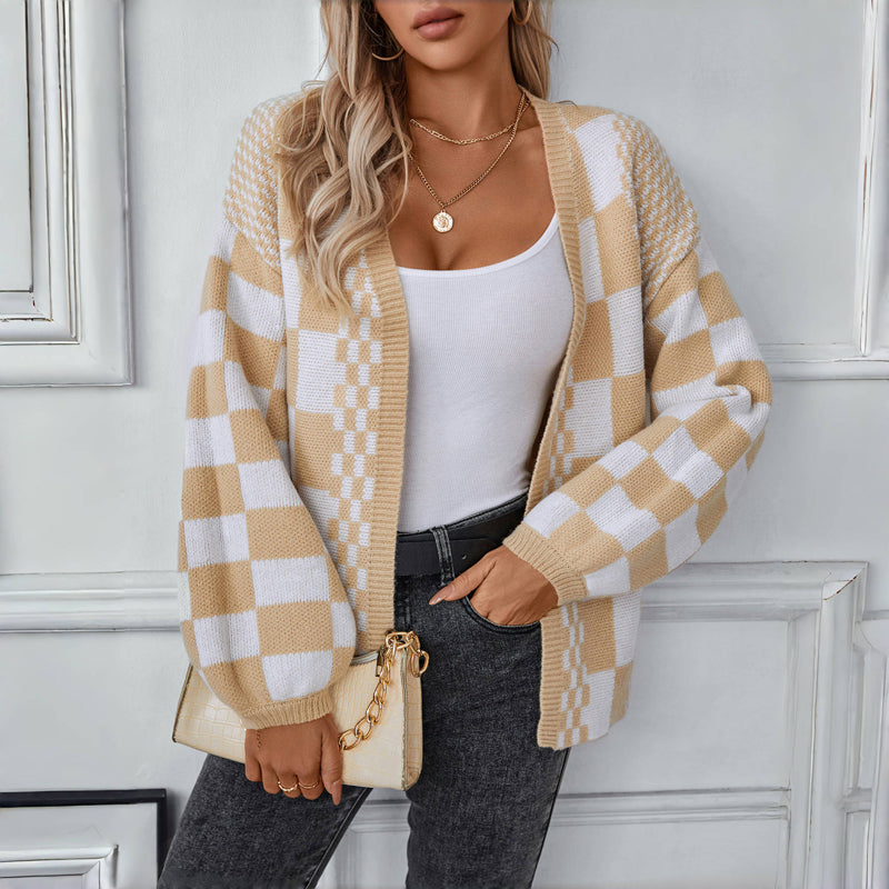 ModeGeist | Cardigan - Damen Herbst Casual Karierter Gestrickter Cardigan