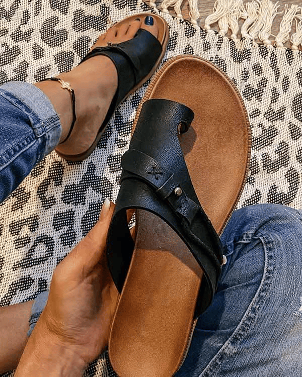 MODEGEIST Damen Zehentrenner Sandalen Taupe Cognac Boho