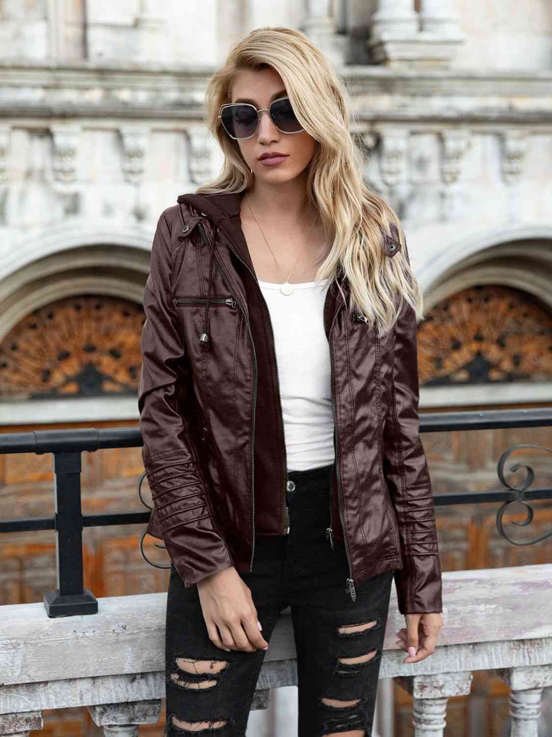 ModeGeist | PU-Jacke mit Kapuze und durchgehendem Reißverschluss