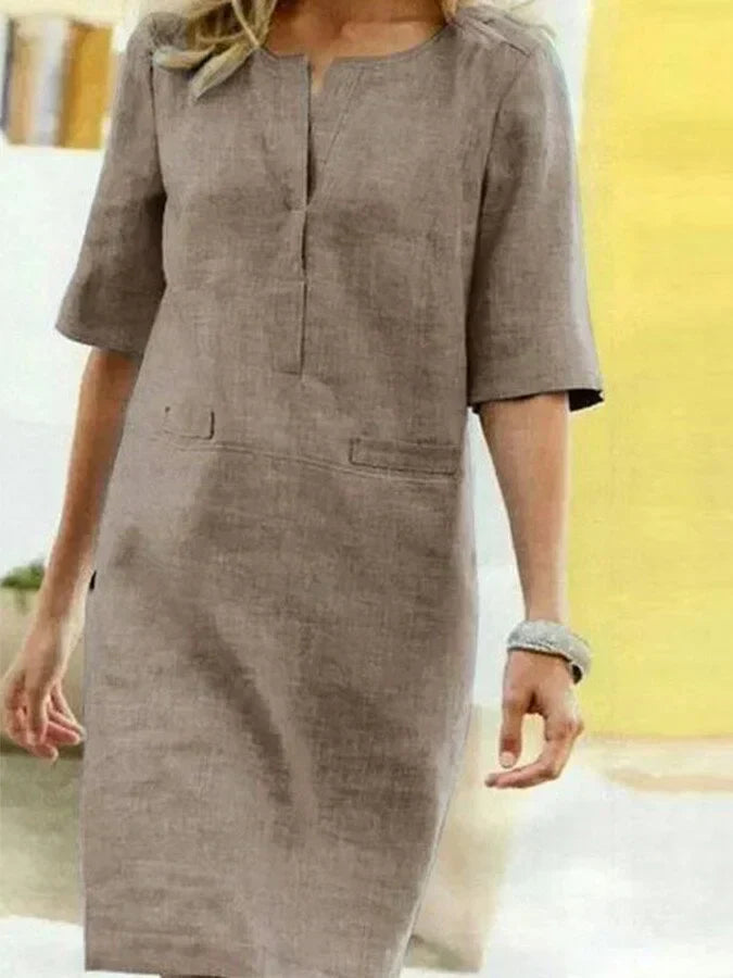 ModeGeist | Damen Kurzarm Baumwolle und Leinen Kleid