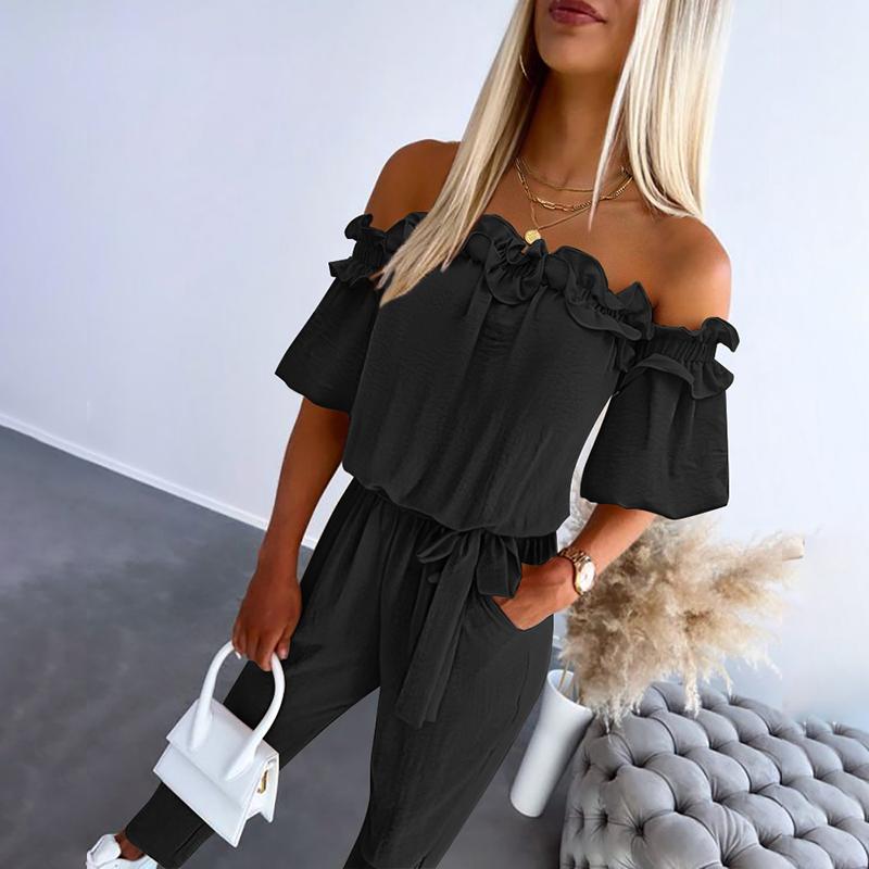 MODEGEIST Damen Off-Shoulder Jumpsuit Rüschen Taillengürtel Elegant