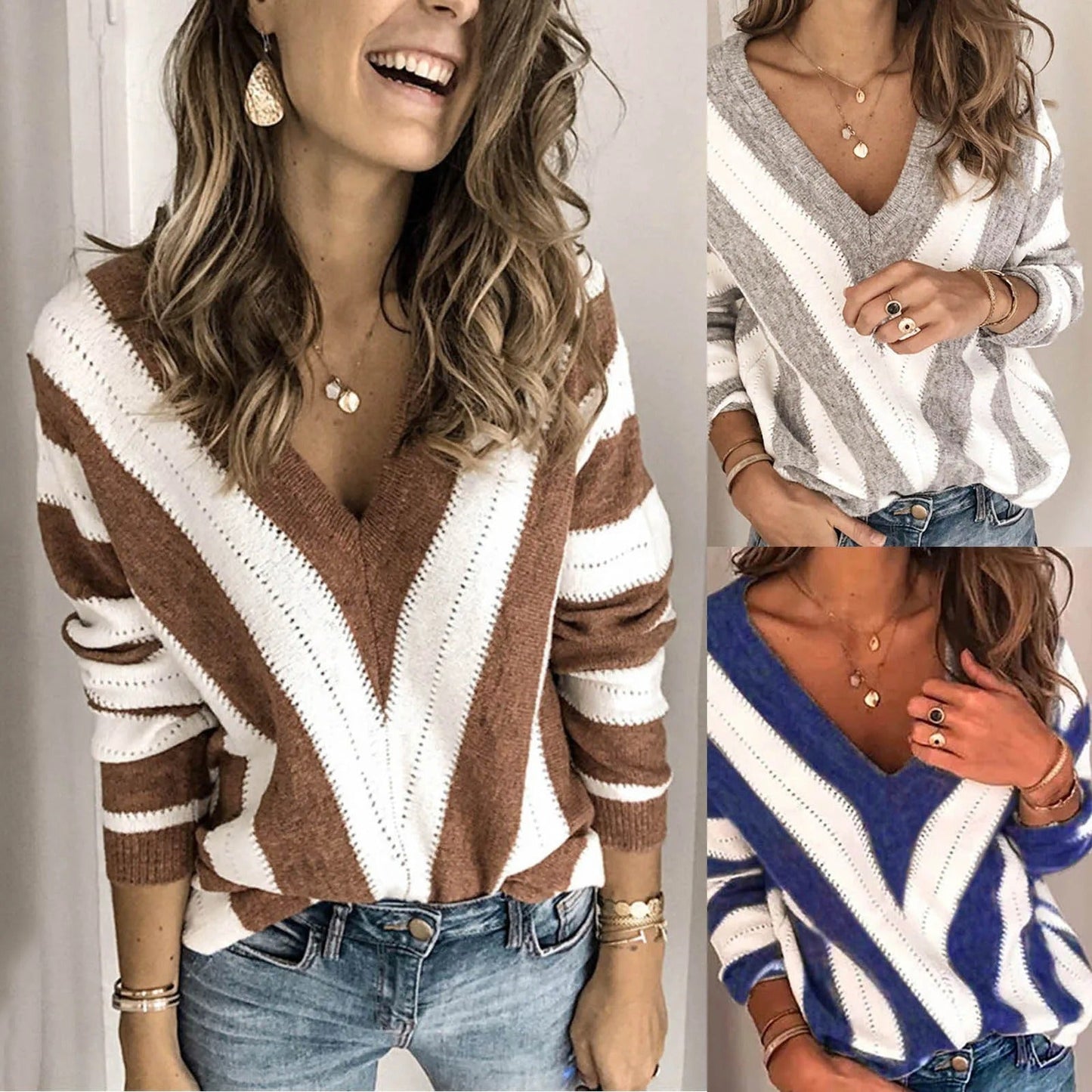 ModeGeist | Gemütlicher gestreifter Pullover mit V-Kragen für Damen