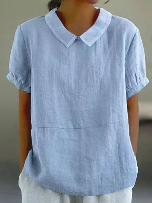 MODEGEIST Damen Bluse Peter-Pan-Kragen kurzarm hellblau Leinen-Optik