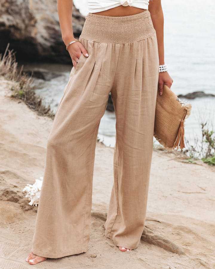 MODEGEIST Damen Strandhose weit fließend beige leicht