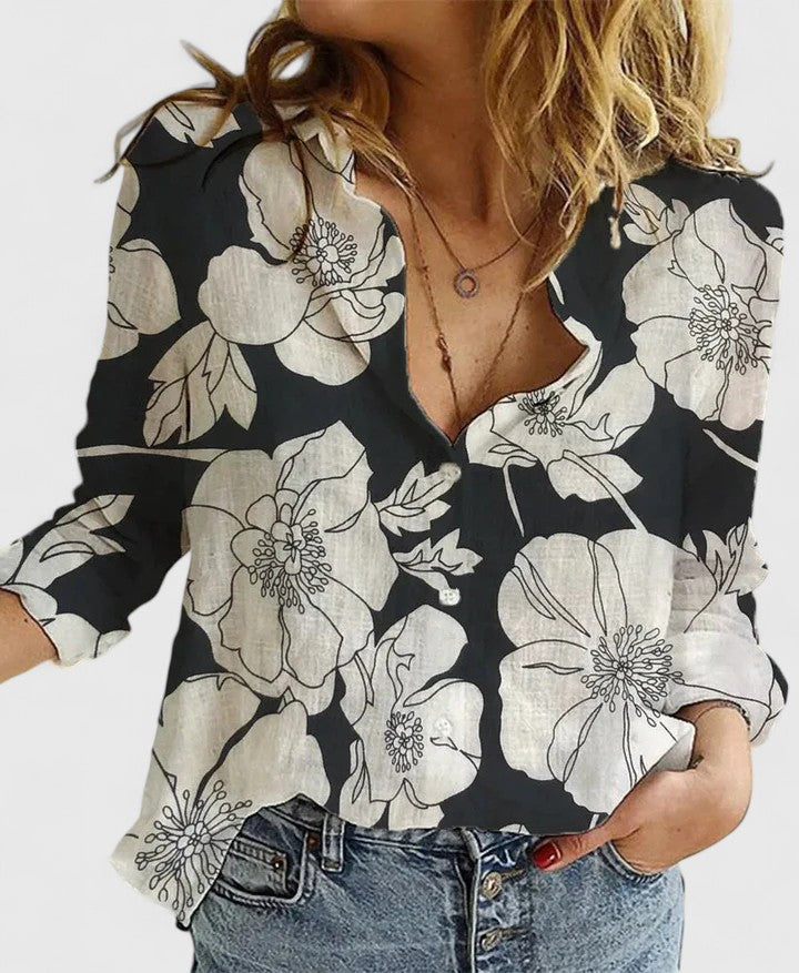 MODEGEIST Damen Button-Down Bluse Leinen Wellenförmiger Reverskragen Relaxed-Fit