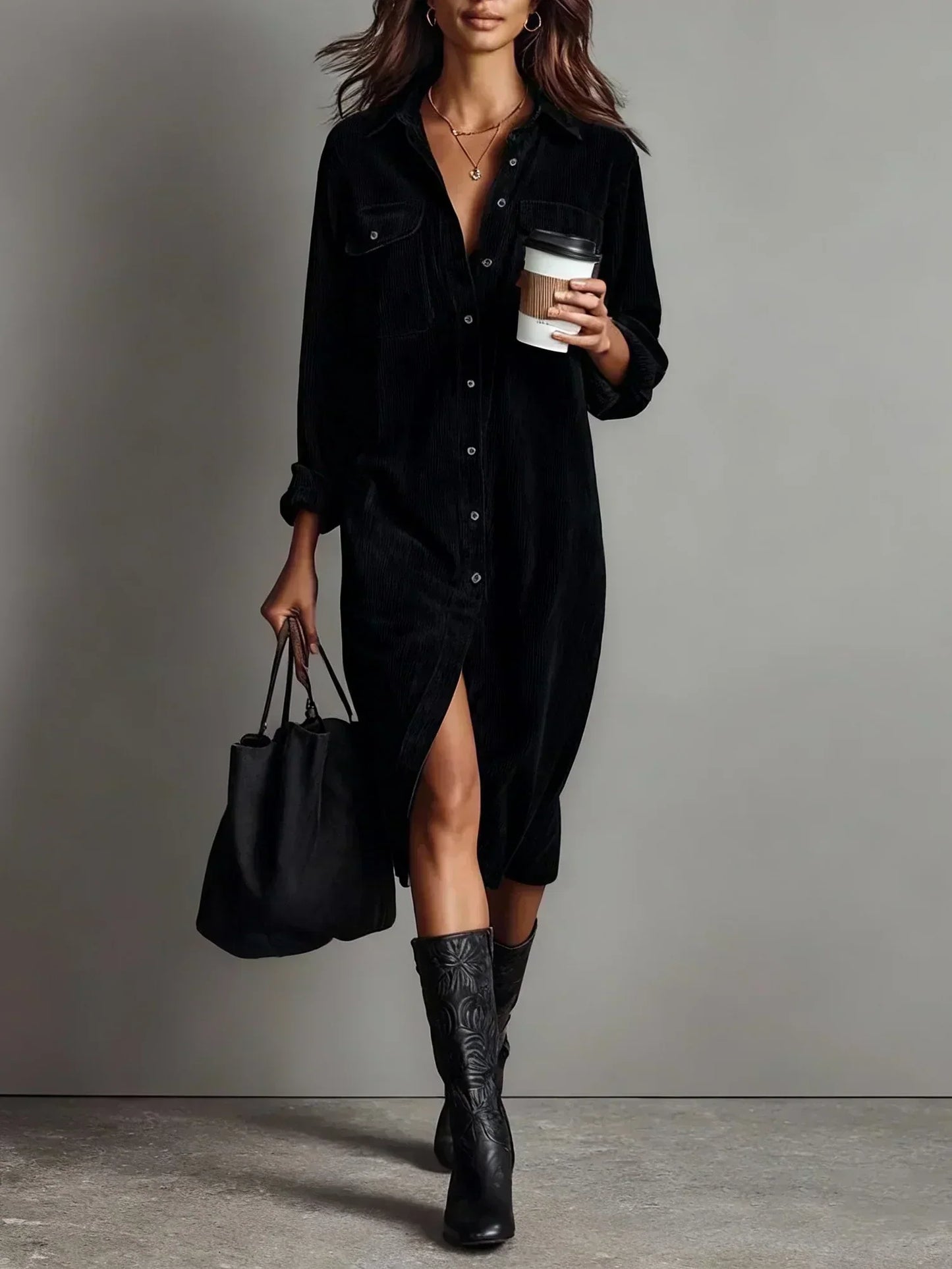 MODEGEIST Damen Langarm-Kleid ausgestellter Saum vielseitig