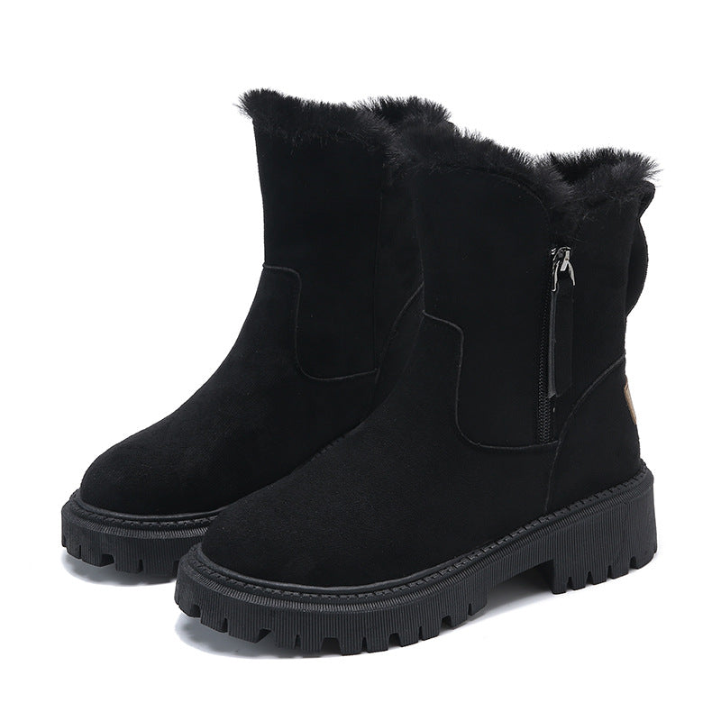 ModeGeist | Knöchelhohe Stiefel – Wildleder-Obermaterial – Kunstfell Gefüttert – Chunky Profilsohle – Seitenreißverschluss