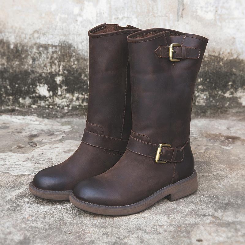 MODEGEIST Damen Stiefeletten Schnallen Design Braun Herbst