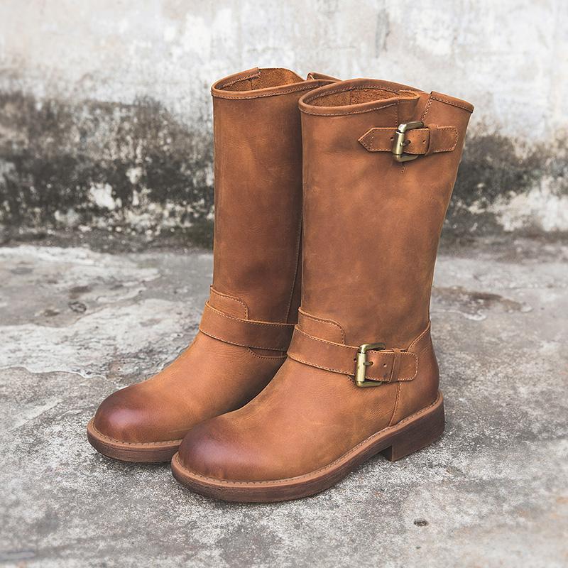 MODEGEIST Damen Stiefeletten Schnallen Braun Leder