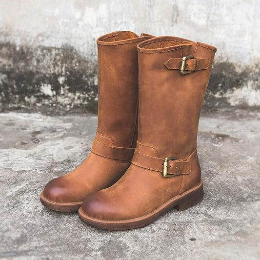 MODEGEIST Damen Stiefeletten Schnallen Braun Leder