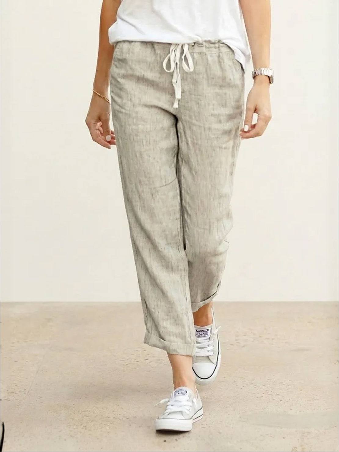 MODEGEIST Damen Hose Straight-Leg Kordelzug Leinen-Optik