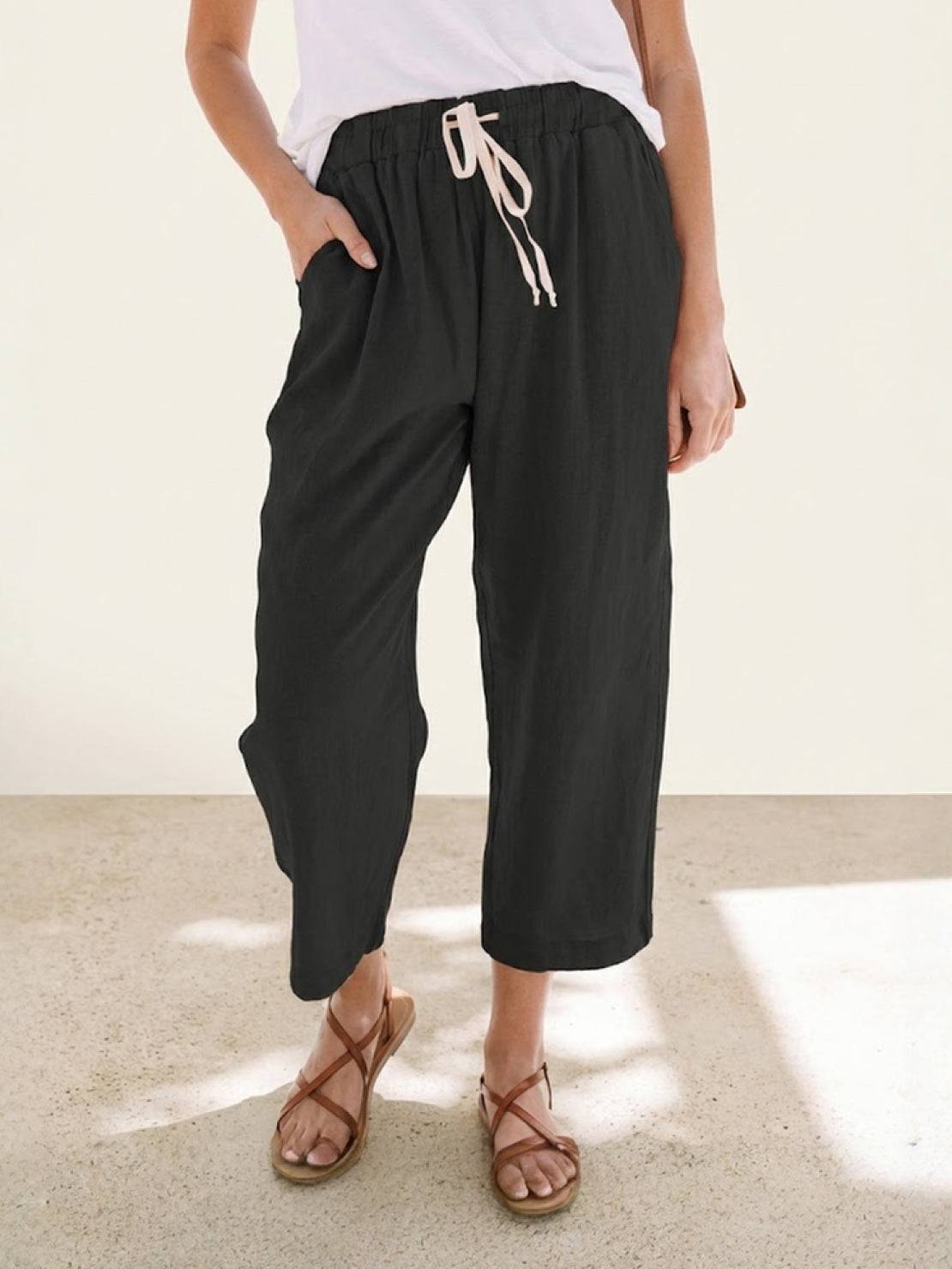 MODEGEIST Damen Hose Straight-Leg Kordelzug verstellbar Leinen-Optik