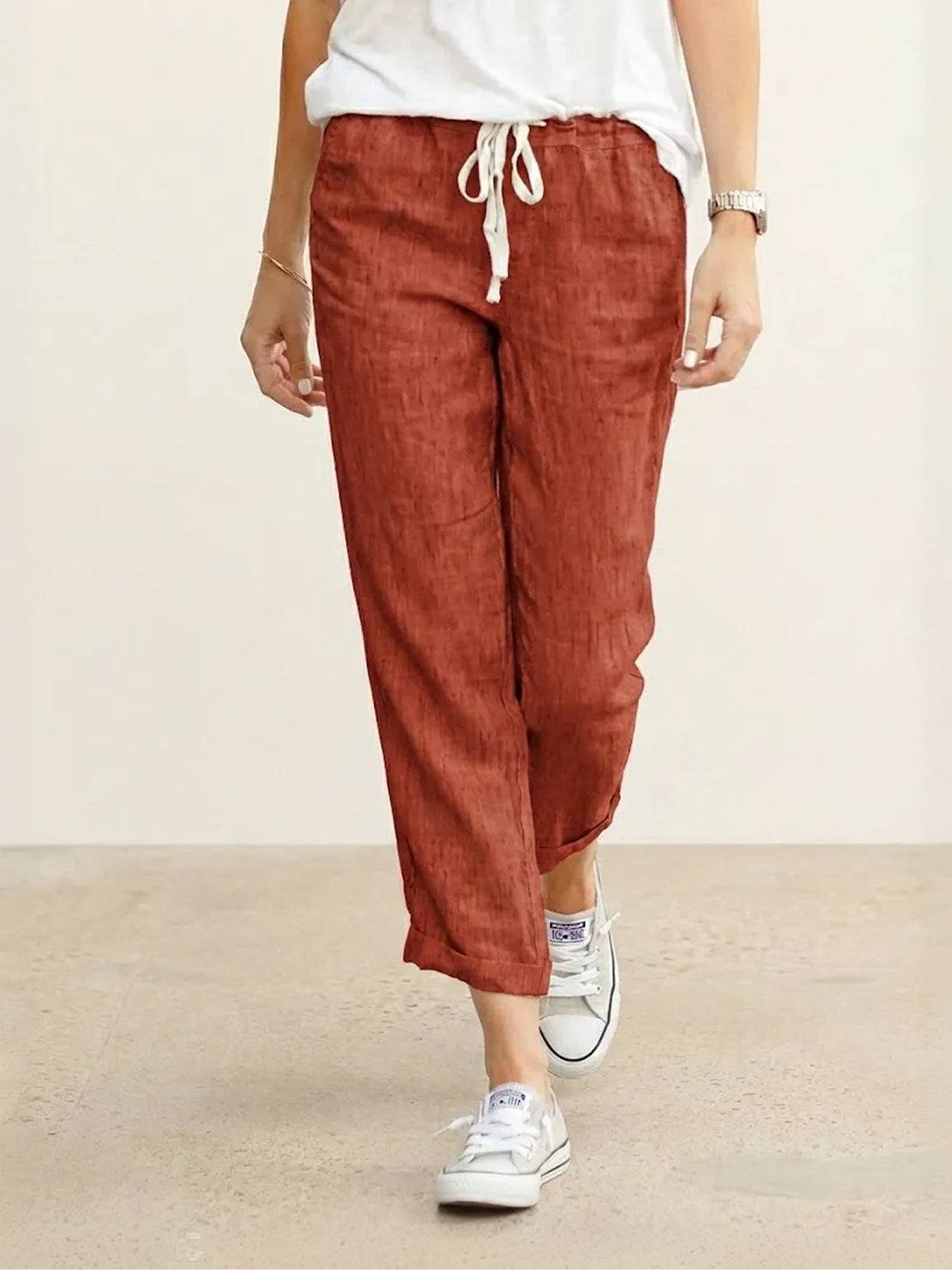 MODEGEIST Damen Hose Straight-Leg Kordelzug verstellbar Leinen-Optik