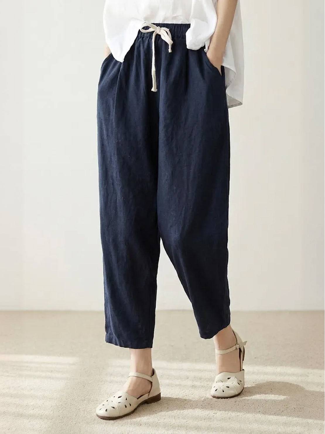 MODEGEIST Damen Hose Straight-Leg Kordelzug verstellbar Leinen-Optik
