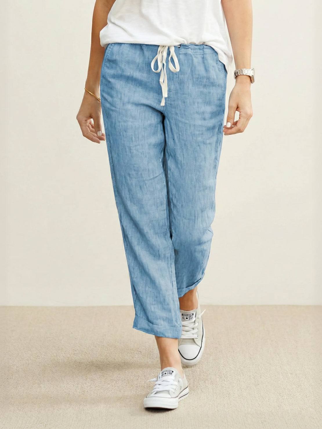 MODEGEIST Damen Hose Straight-Leg Kordelzug verstellbar Leinen-Optik