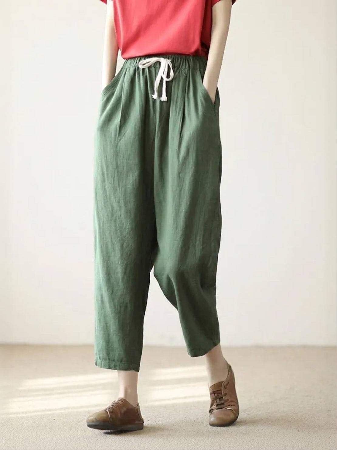 MODEGEIST Damen Hose Straight-Leg Kordelzug verstellbar Leinen-Optik