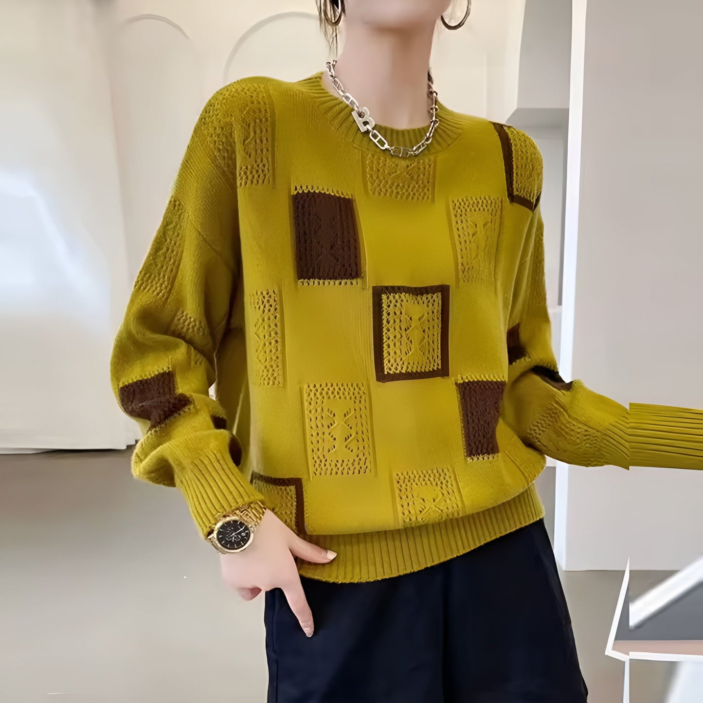MODEGEIST Damen Strickpullover Quadrat-Muster Weiche Strick Relaxed-Fit