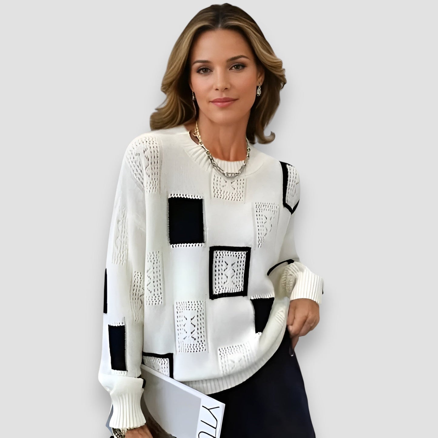 MODEGEIST Damen Strickpullover Quadrat-Muster Weiche Strick