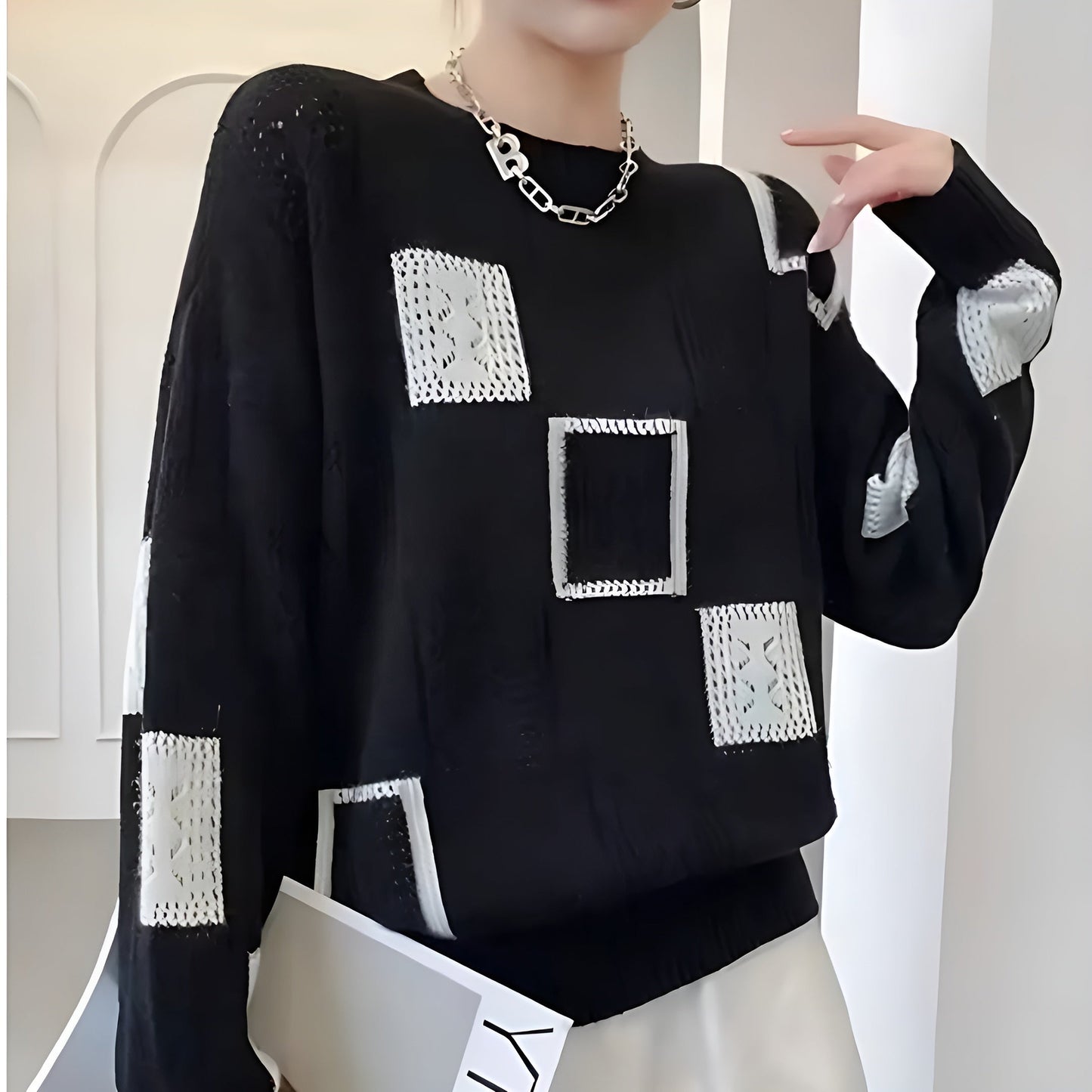 MODEGEIST Damen Strickpullover Quadrat-Muster Weiche Strick Relaxed-Fit