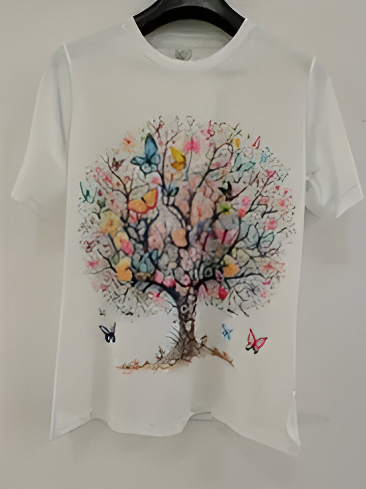 Fudus Damen T-Shirt mit 3D Schmetterlings-Baum-Motiv
