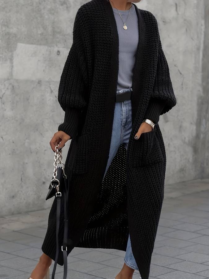 ModeGeist | Gestrickte Übergröße Schwarze Damen Lange Weste mit Taschen