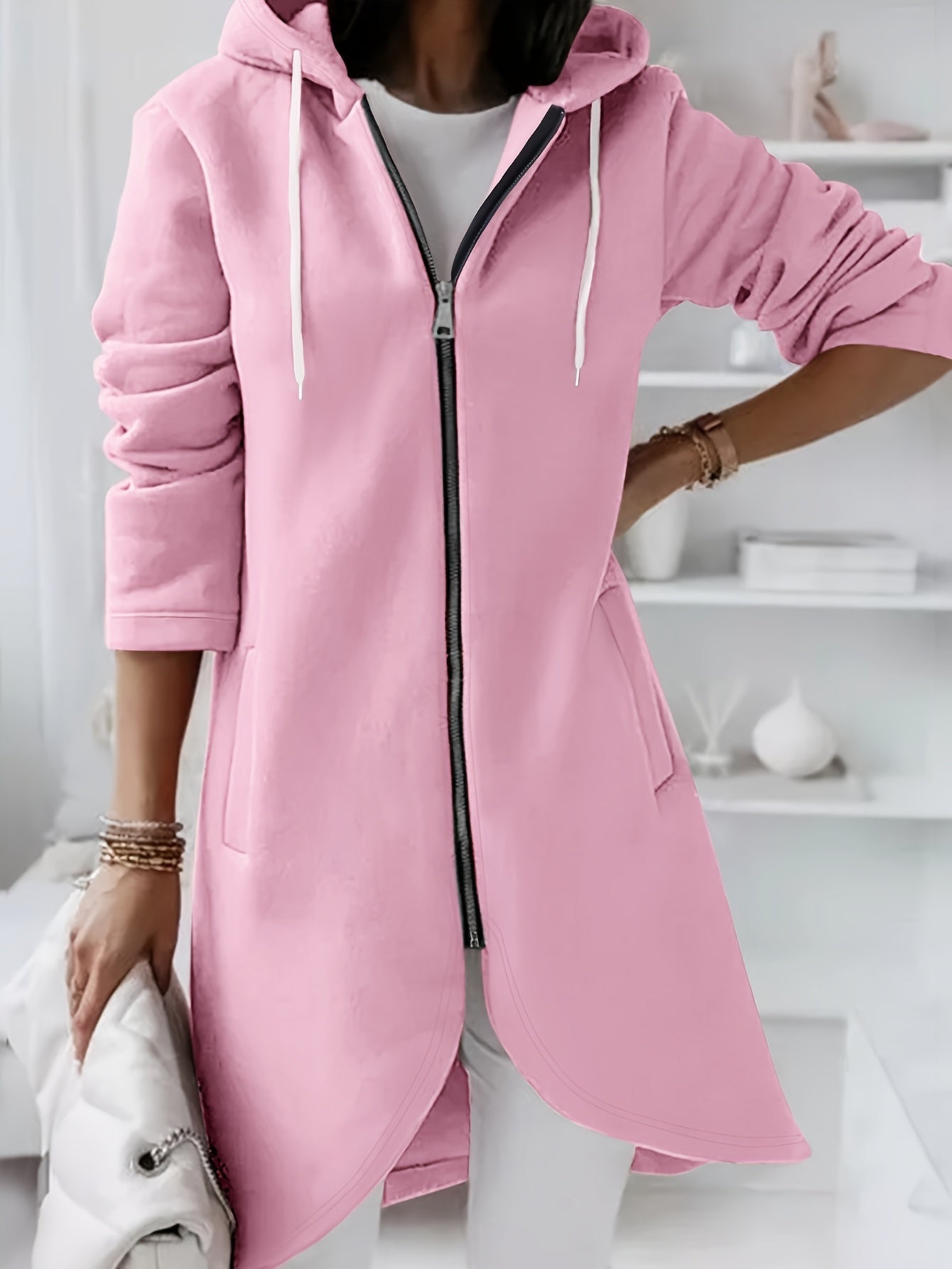 ModeGeist | Reißverschluss Kordelzug Midi Kapuzenjacke