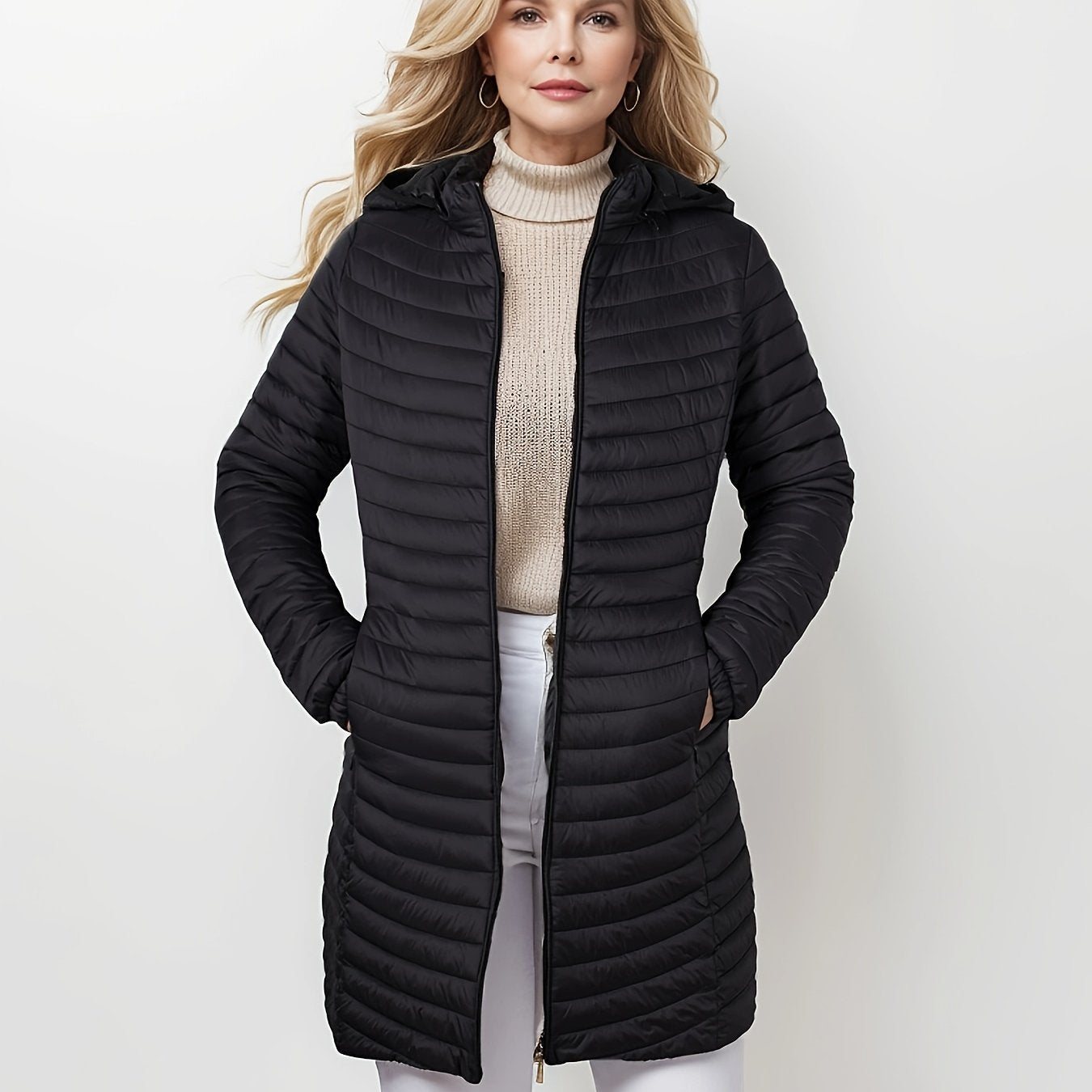 ModeGeist | Lässige Steppjacke mit Kapuze und Reißverschluss Auf Der Vorderseite